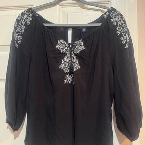 American Eagle Outfitters Black with white Embroidered Women's Top peasant style